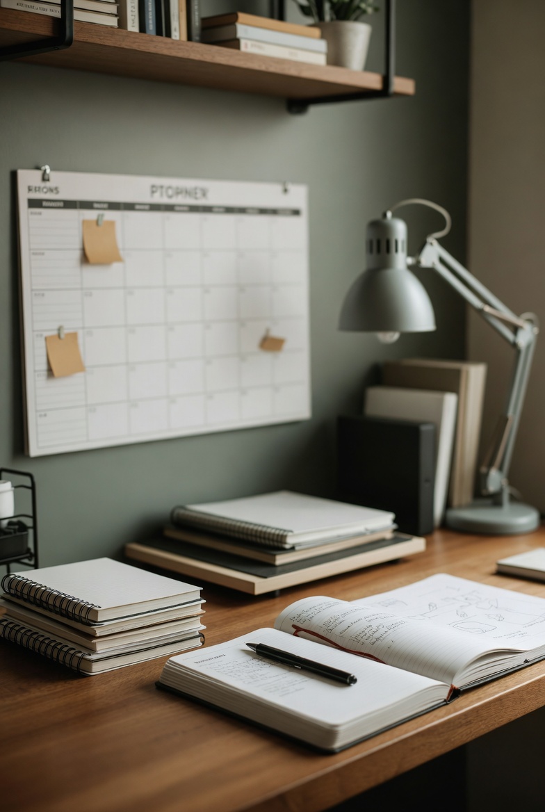 Soft-lit planning studio desk with notebooks and a calm color palette